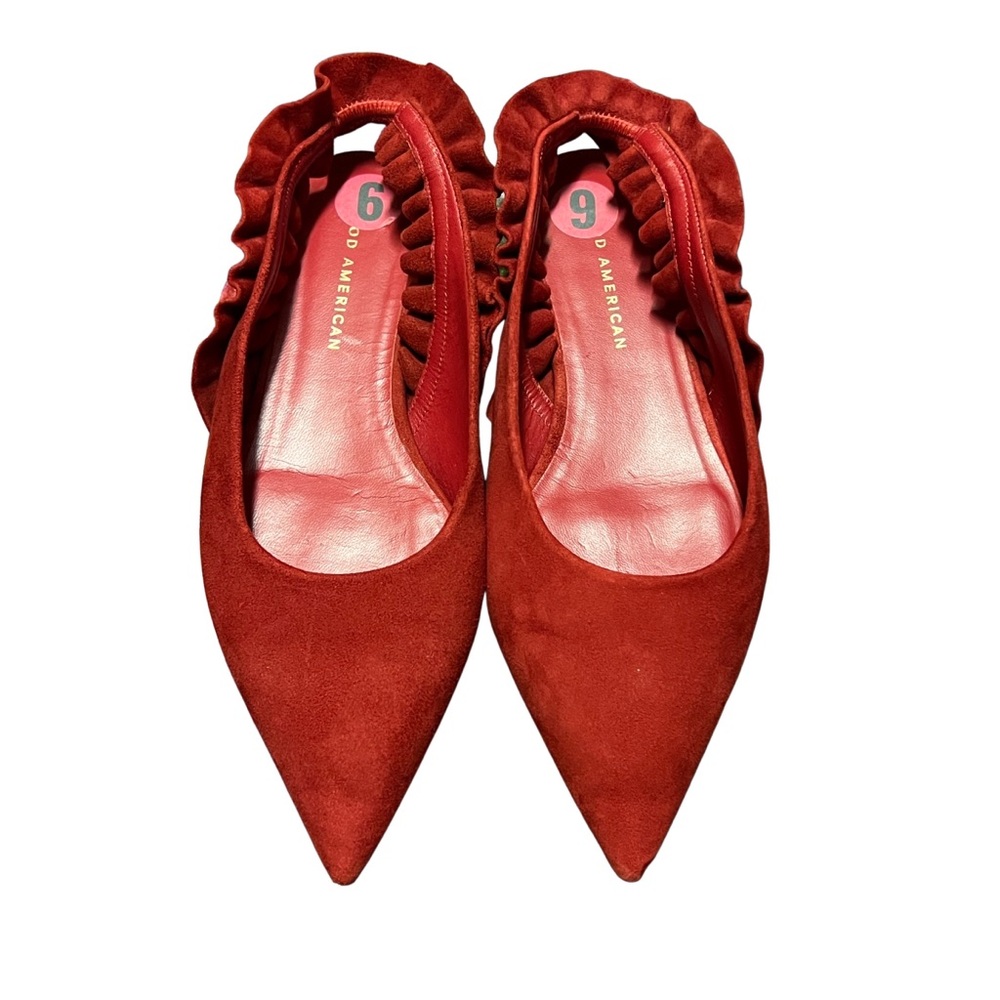 Good American Red Pointed Toe Ruffle Back Ballet Flats